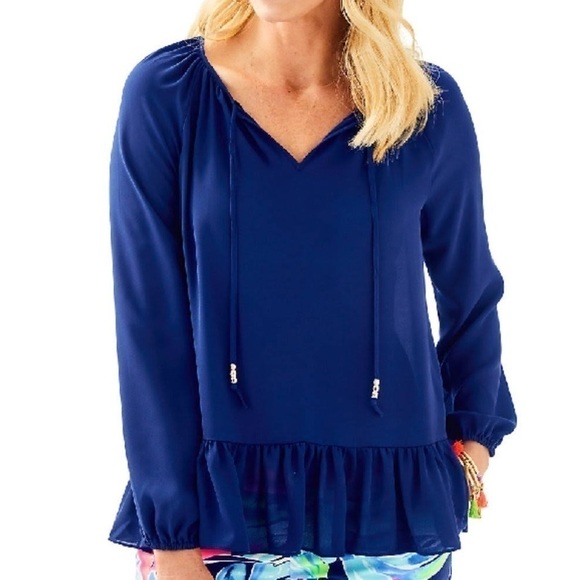 Lilly Pulitzer Tensley Peplum Hem Peasant blouse Navy Size Small - Picture 1 of 8